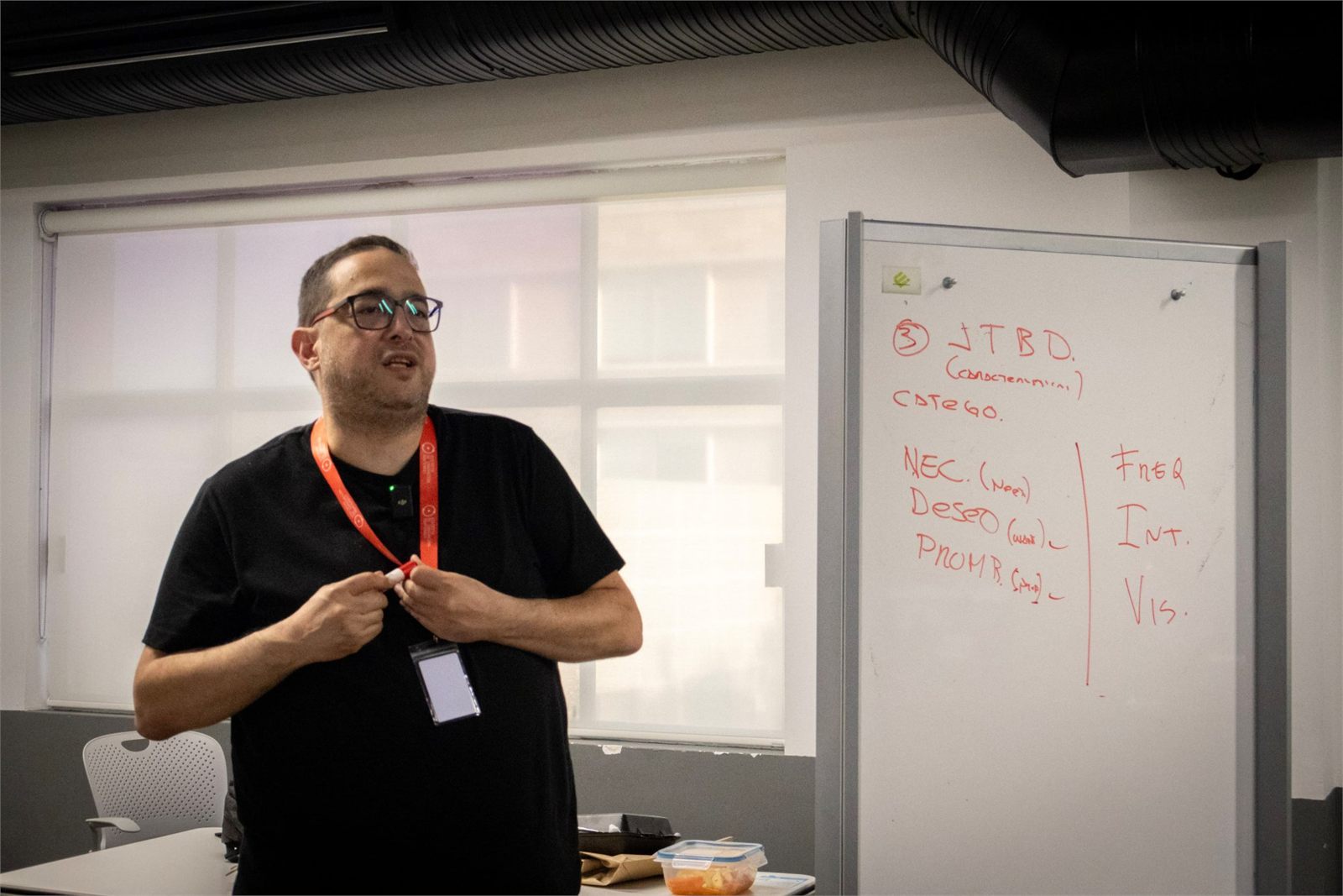 Someone presenting beside a whiteboard covered in notes.